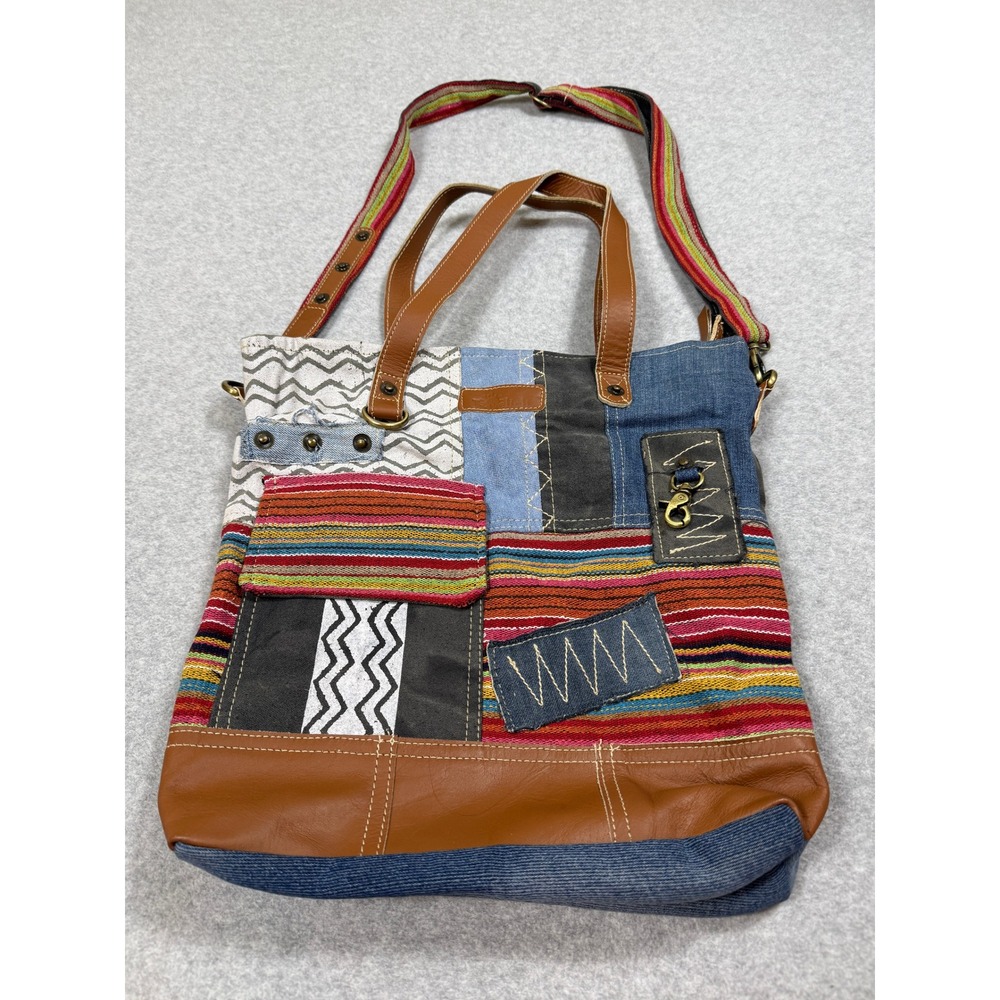 Travelteli Patchwork Denim Canvas Tote Bag Boho Crossbody Multi Color Striped